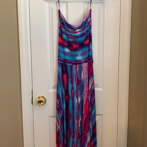 Strapless maxi dress with asymmetrical hem